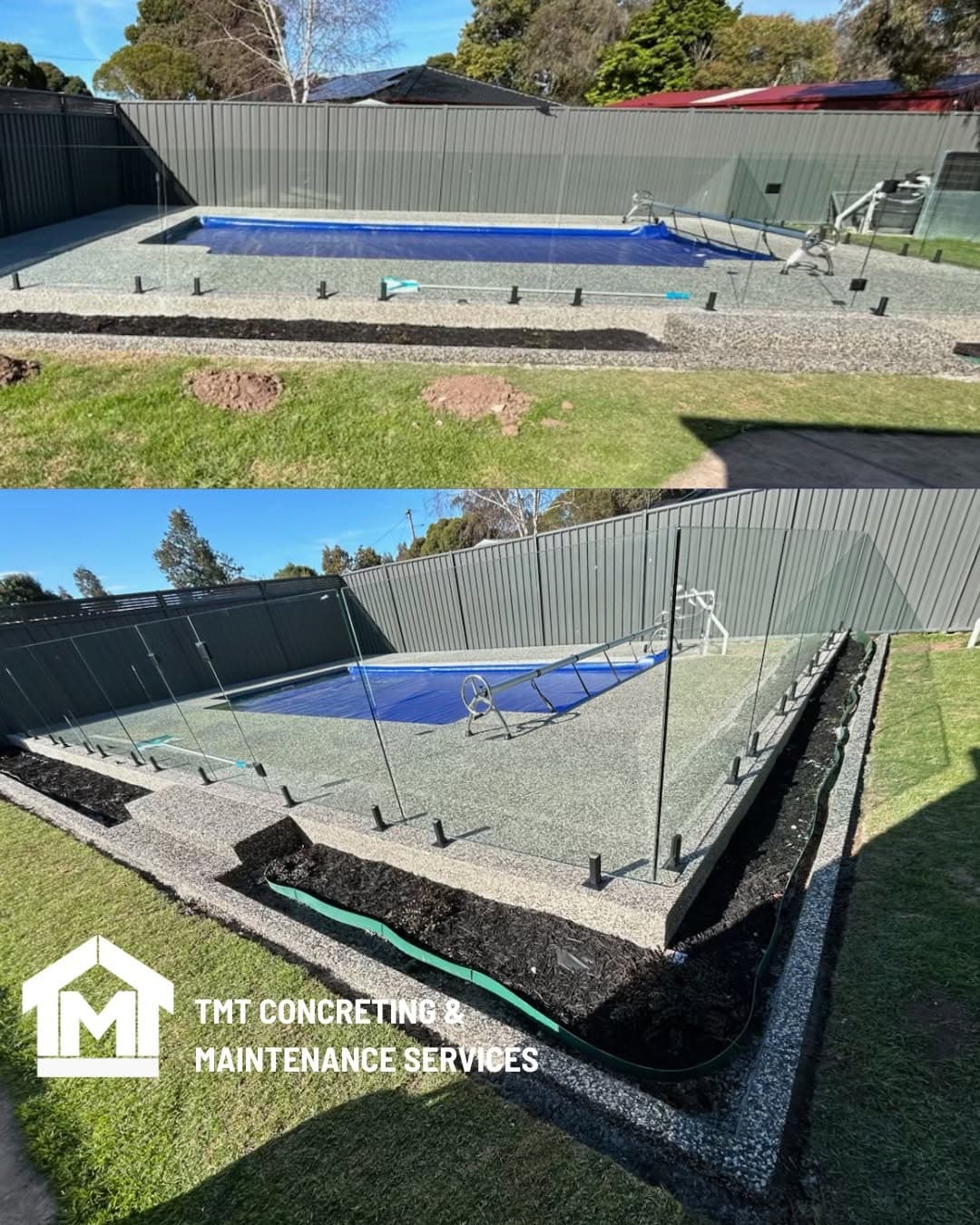 Finished exposed-aggregate pool surround with glass fence and garden edge, Sale